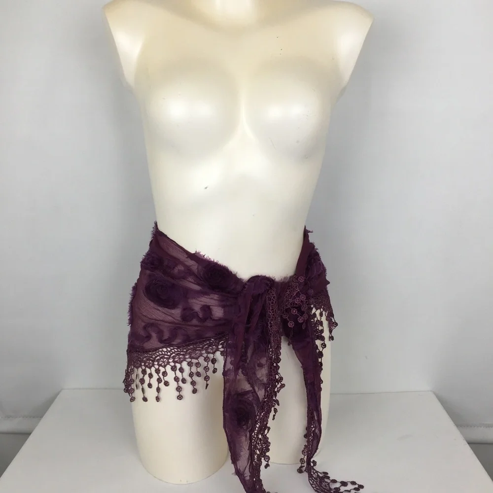 Victorian Chiffon Triangle Shawl Scarf Purple Floral Crochet Fringe Trim Sheer